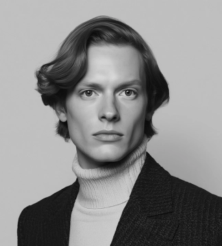 Stylish man with medium-length wavy hair wearing a turtleneck and blazer, reflecting classic European grooming by Eddine Belaid Barber.