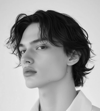 Elegant young man with medium wavy hair and defined jawline, reflecting effortless style and refined grooming by Eddine Belaid Barber.