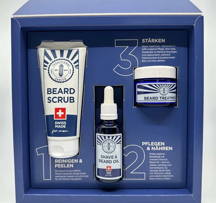 Traditional Zurich Beard Box packaging – a complete men’s grooming set for a polished and well-groomed beard.